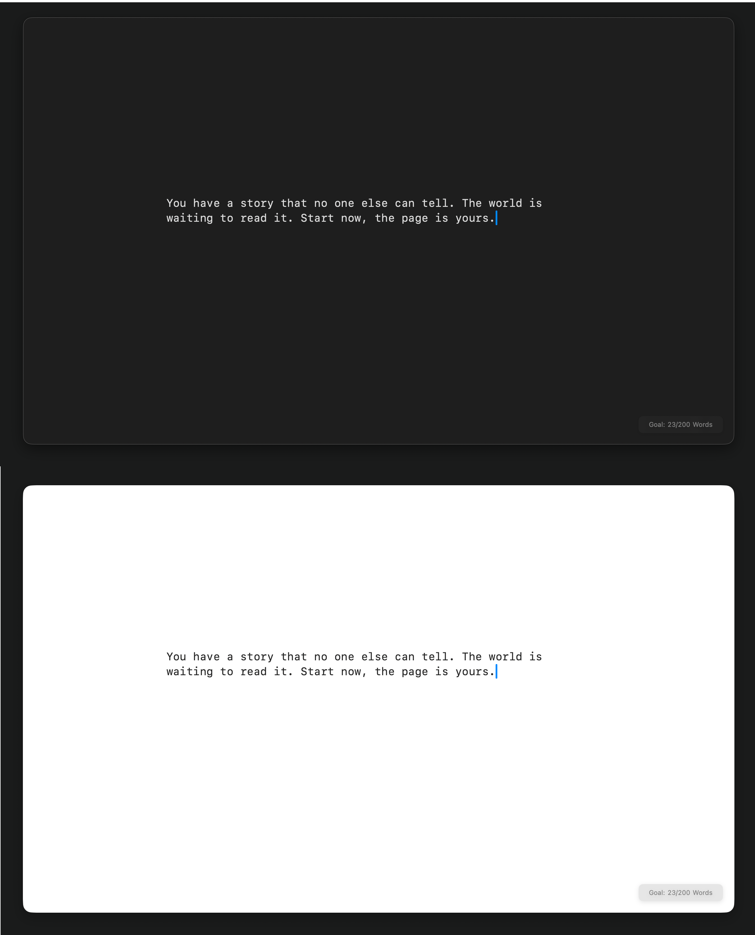 Skrive writing interface in light and dark mode