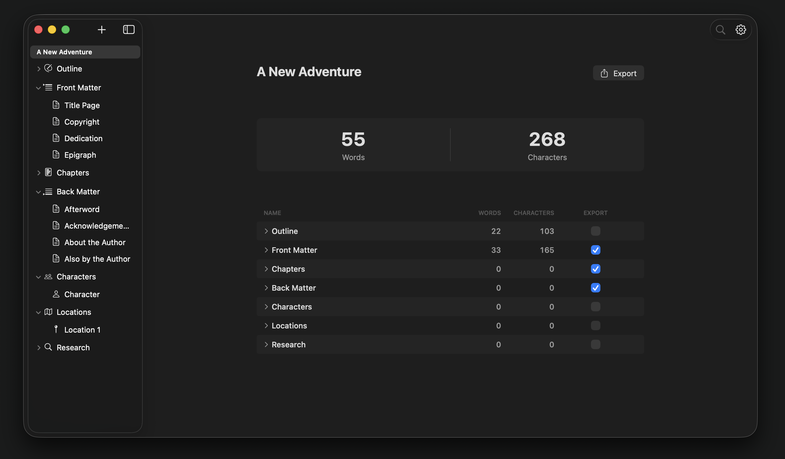Book structure screenshot showing sidebar with Outline, Front Matter, Chapters, Back Matter, Characters, Locations, and Research sections